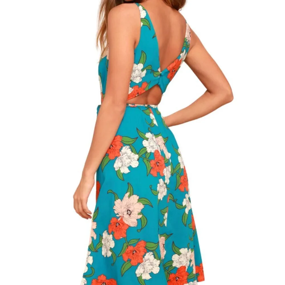 Lulus Country Club Teal Blue Floral Print Wrap Midi Dress Size S NWT - Picture 1 of 15